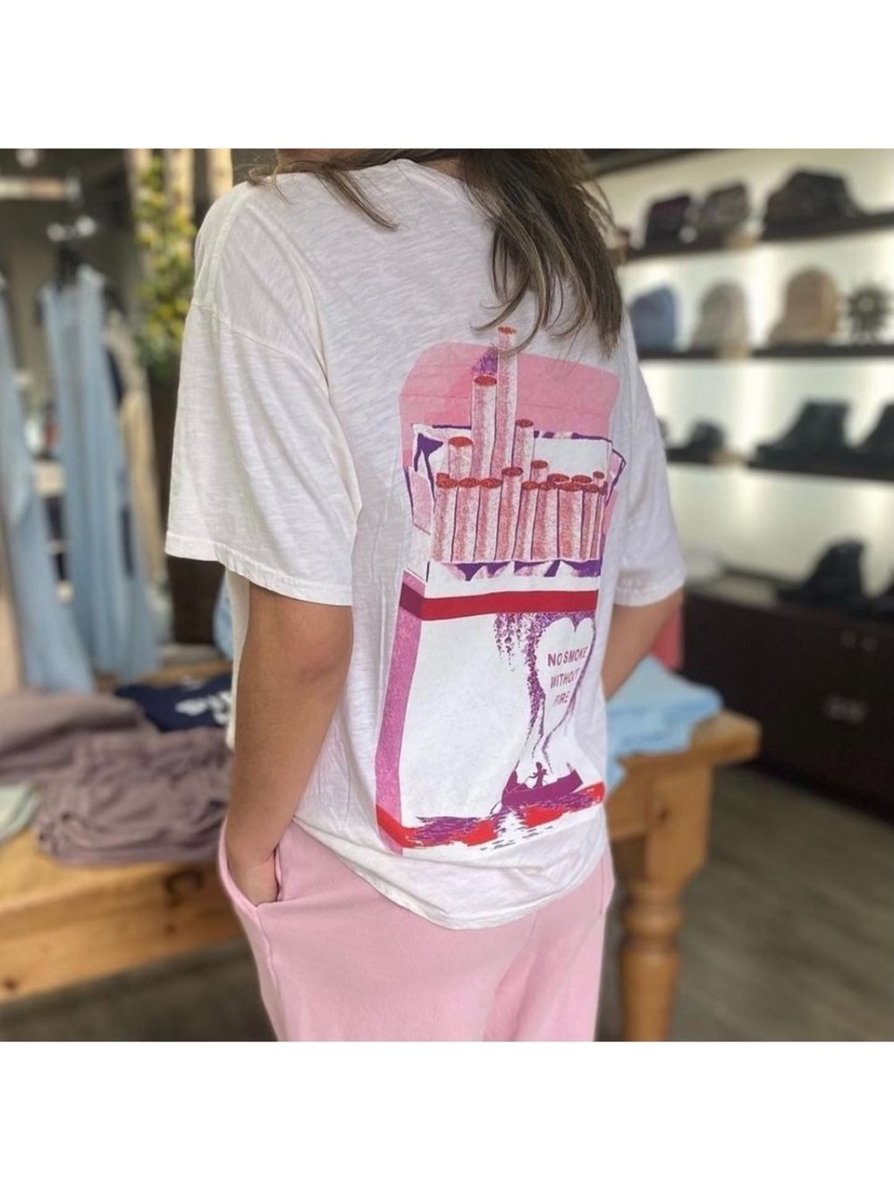 Boys Lie No Smoke Without Fire Boyfriend Tee Pink White Oversized One Size